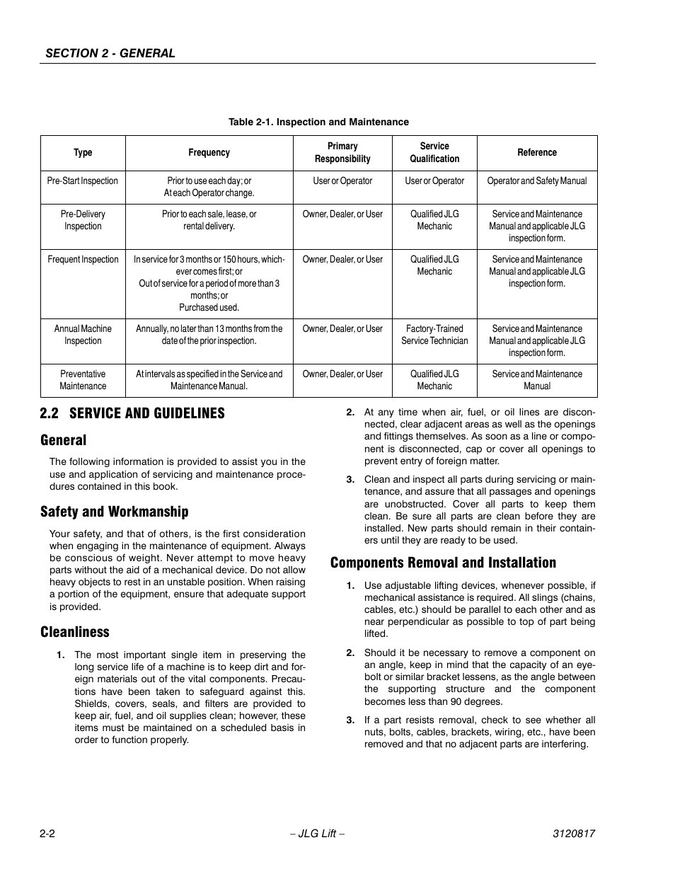 2 service and guidelines, General, Safety and workmanship | Cleanliness, Components removal and installation, Service and guidelines -2, 2 service and guidelines general | JLG 150HAX Service Manual User Manual | Page 30 / 156