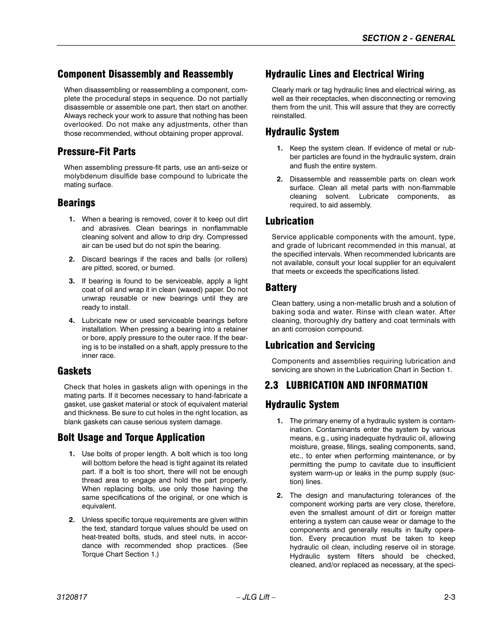 Component disassembly and reassembly, Pressure-fit parts, Bearings | Gaskets, Bolt usage and torque application, Hydraulic lines and electrical wiring, Hydraulic system, Lubrication, Battery, Lubrication and servicing | JLG 150HAX Service Manual User Manual | Page 31 / 156
