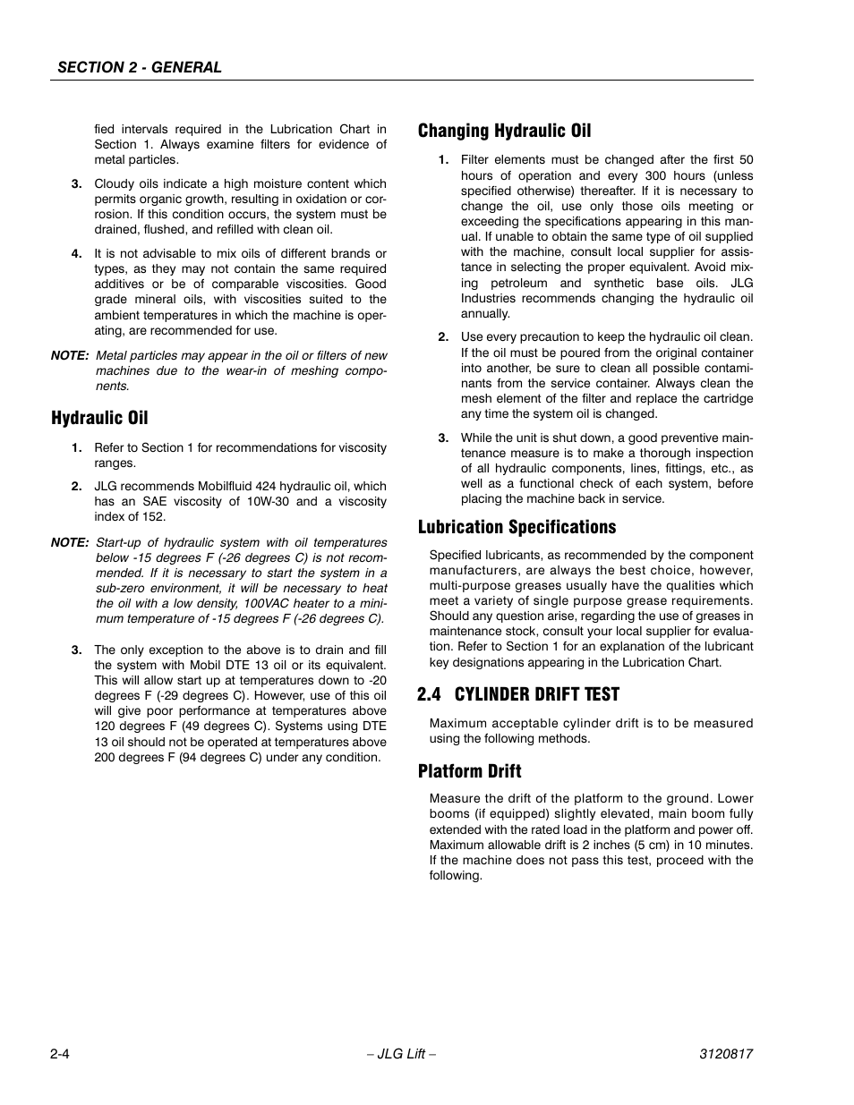 Hydraulic oil, Changing hydraulic oil, Lubrication specifications | 4 cylinder drift test, Platform drift, Cylinder drift test -4, Platform drift -4 | JLG 150HAX Service Manual User Manual | Page 32 / 156