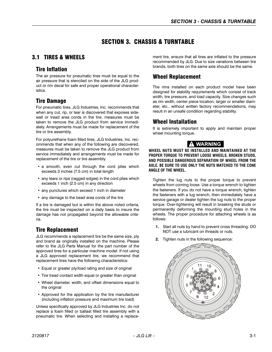 Section 3. chassis & turntable, 1 tires & wheels, Tire inflation | Tire damage, Tire replacement, Wheel replacement, Wheel installation, Section 3 - chassis & turntable, Tires & wheels -1, 1 tires & wheels tire inflation | JLG 150HAX Service Manual User Manual | Page 39 / 156