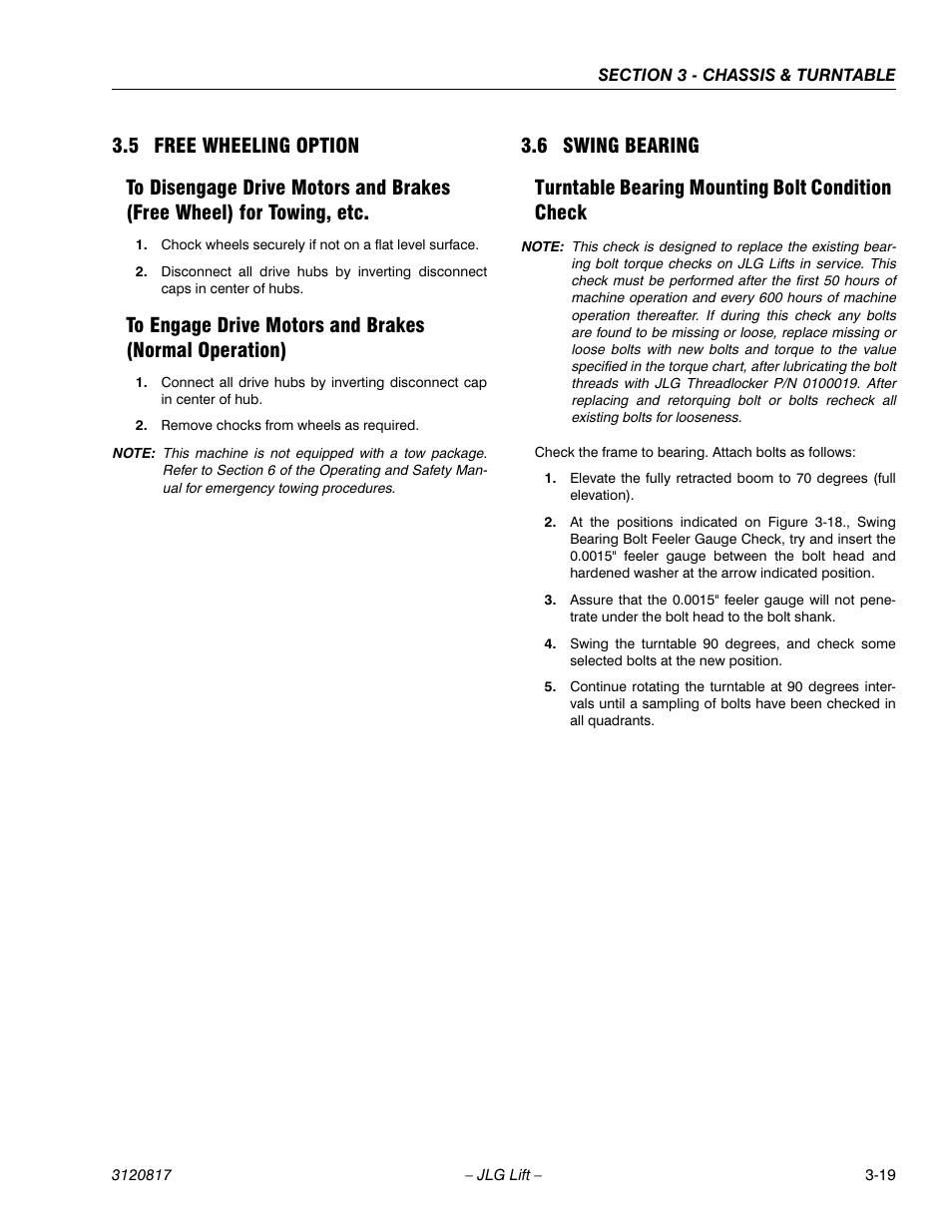 5 free wheeling option, 6 swing bearing, Turntable bearing mounting bolt condition check | Free wheeling option -19, Swing bearing -19 | JLG 150HAX Service Manual User Manual | Page 57 / 156