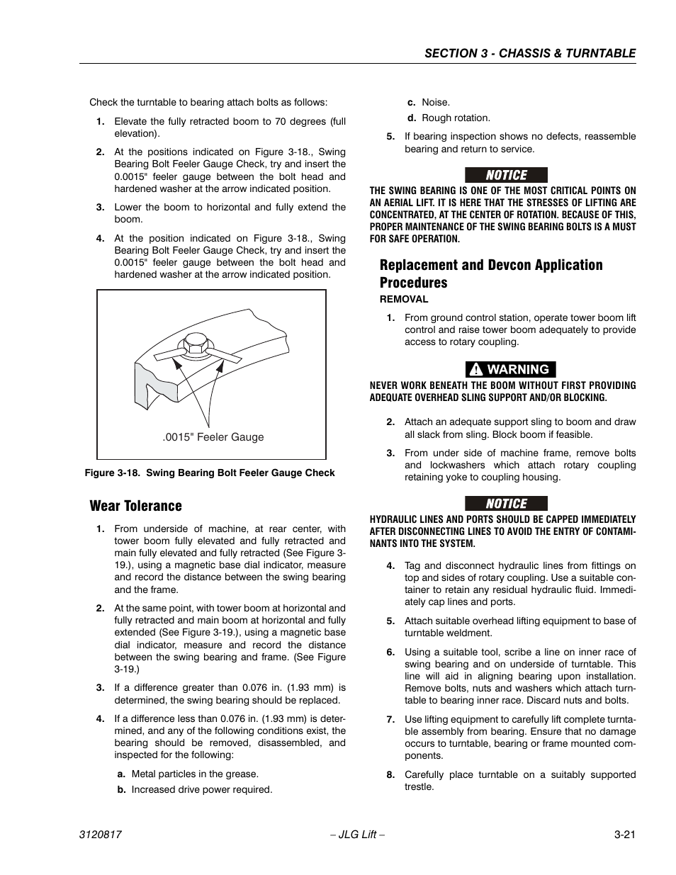 Wear tolerance, Replacement and devcon application procedures, Swing bearing bolt feeler gauge check -21 | JLG 150HAX Service Manual User Manual | Page 59 / 156