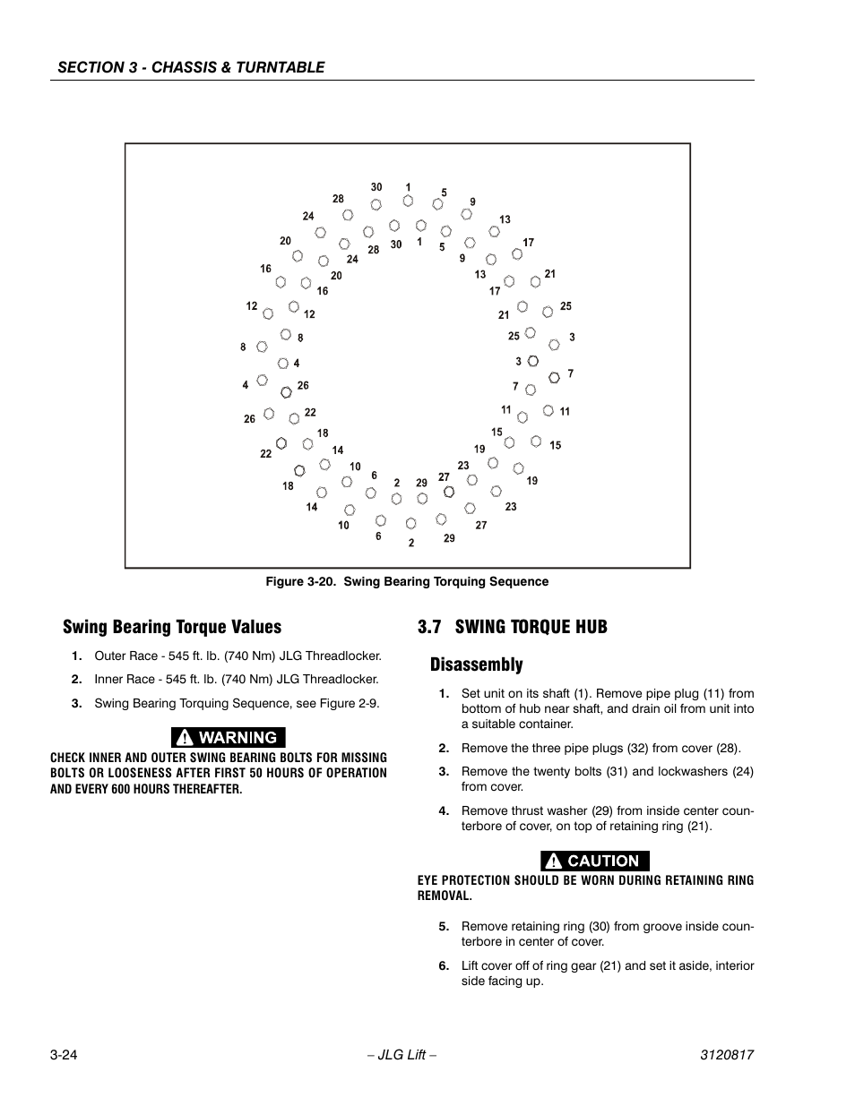 Swing bearing torque values, 7 swing torque hub, Disassembly | Swing bearing torque values -24, Swing torque hub -24, Disassembly -24, Swing bearing torquing sequence -24, 7 swing torque hub disassembly | JLG 150HAX Service Manual User Manual | Page 62 / 156