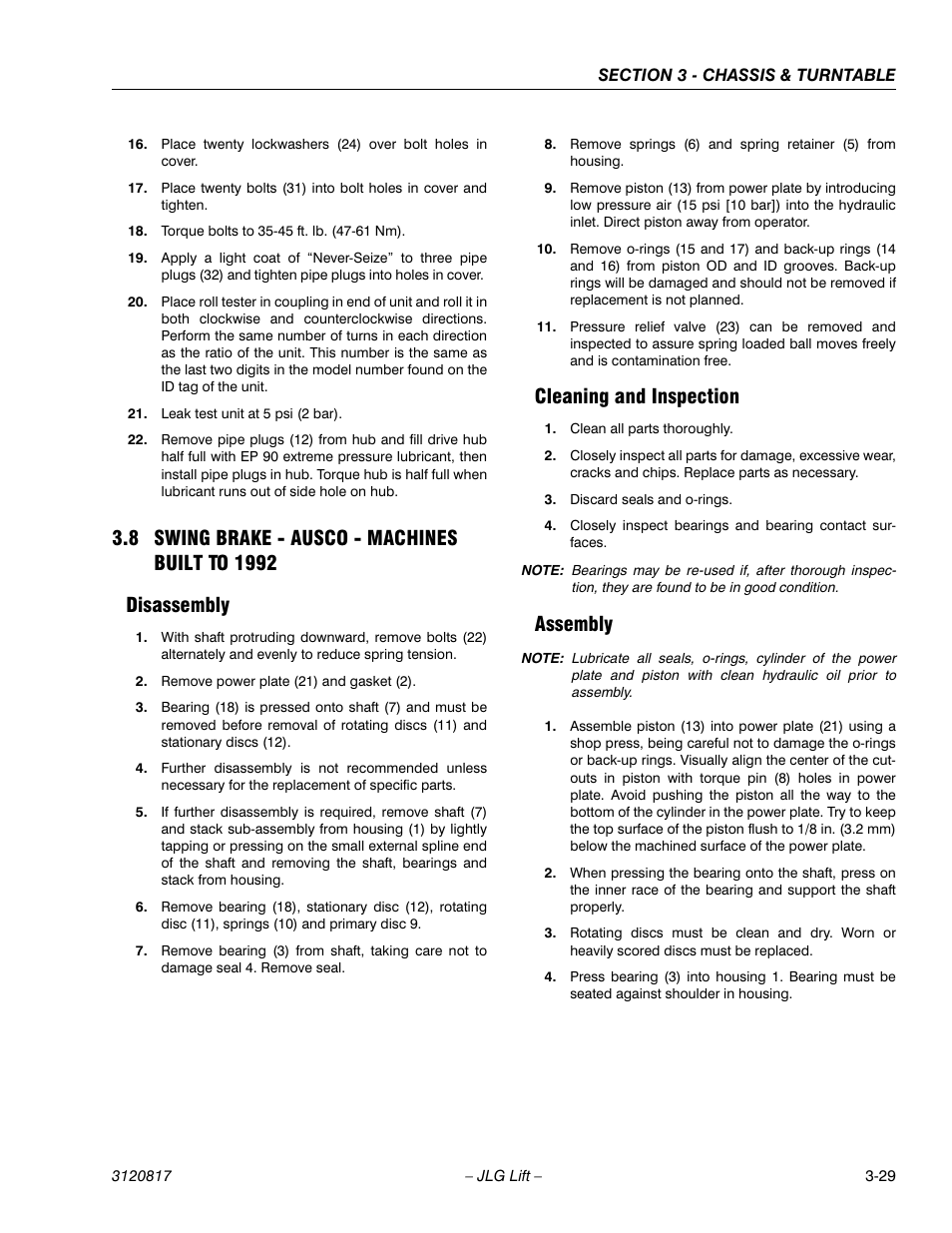 8 swing brake - ausco - machines built to 1992, Disassembly, Cleaning and inspection | Assembly, Swing brake - ausco - machines built to 1992 -29 | JLG 150HAX Service Manual User Manual | Page 67 / 156