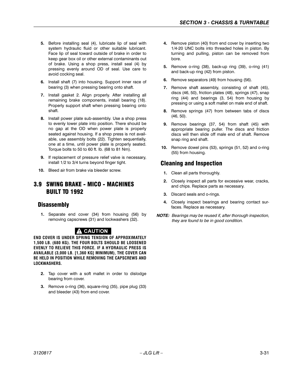 9 swing brake - mico - machines built to 1992, Disassembly, Cleaning and inspection | Swing brake - mico - machines built to 1992 -31, Disassembly -31 cleaning and inspection -31 | JLG 150HAX Service Manual User Manual | Page 69 / 156