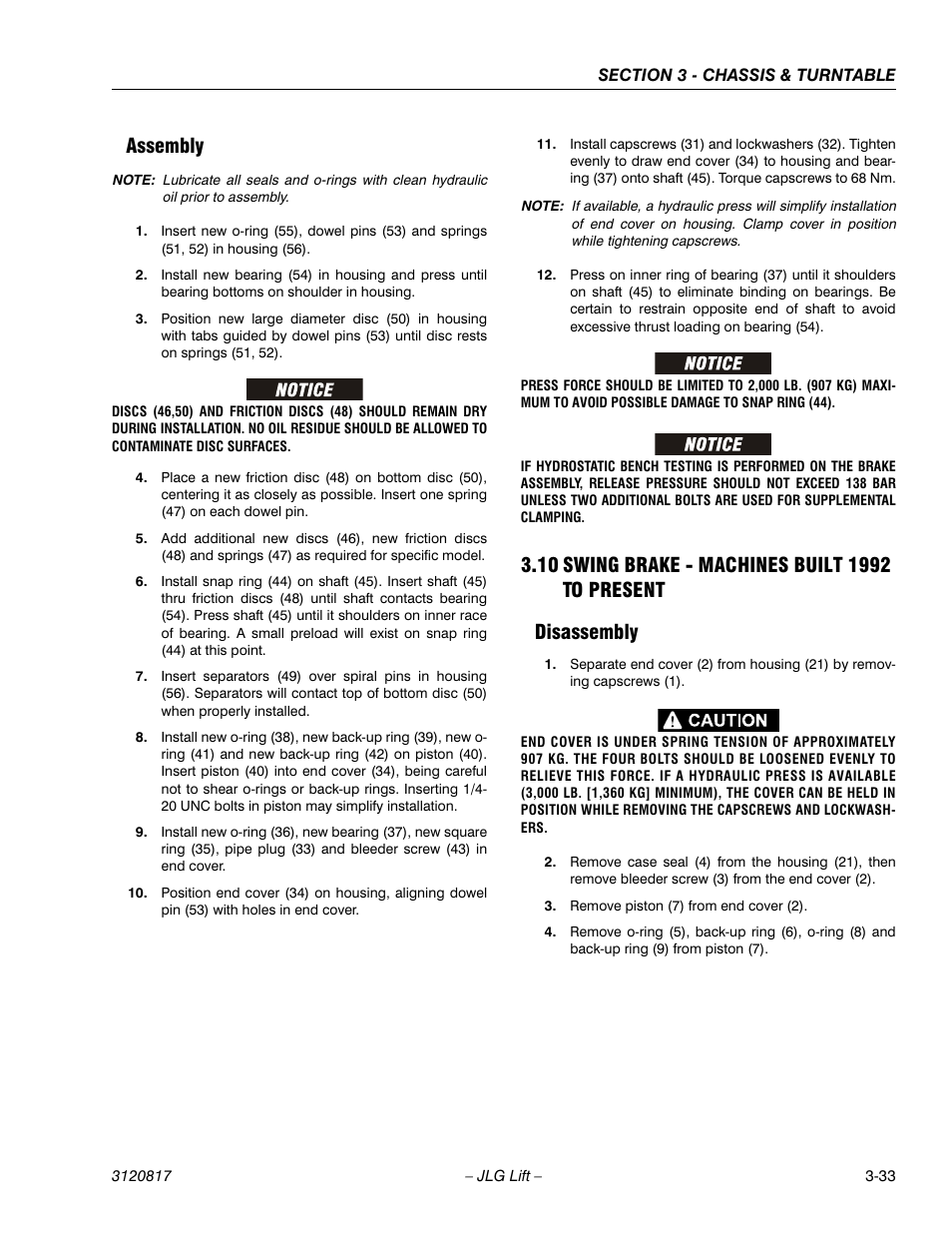 Assembly, 10 swing brake - machines built 1992 to present, Disassembly | Assembly -33, Swing brake - machines built 1992 to present -33, Disassembly -33 | JLG 150HAX Service Manual User Manual | Page 71 / 156