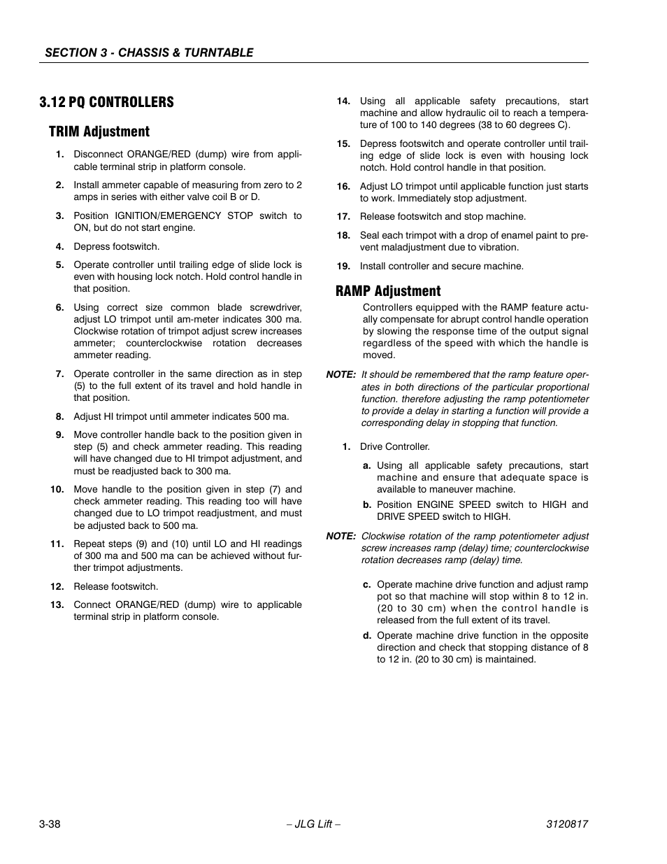 12 pq controllers, Trim adjustment, Ramp adjustment | Pq controllers -38, Trim adjustment -38 ramp adjustment -38, 12 pq controllers trim adjustment | JLG 150HAX Service Manual User Manual | Page 76 / 156