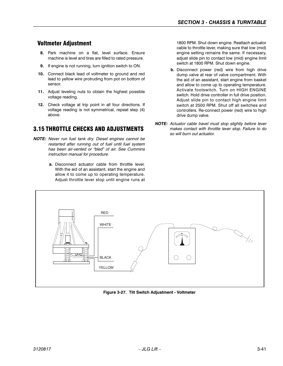 Voltmeter adjustment, 15 throttle checks and adjustments, Voltmeter adjustment -41 | Throttle checks and adjustments -41, Tilt switch adjustment - voltmeter -41 | JLG 150HAX Service Manual User Manual | Page 79 / 156