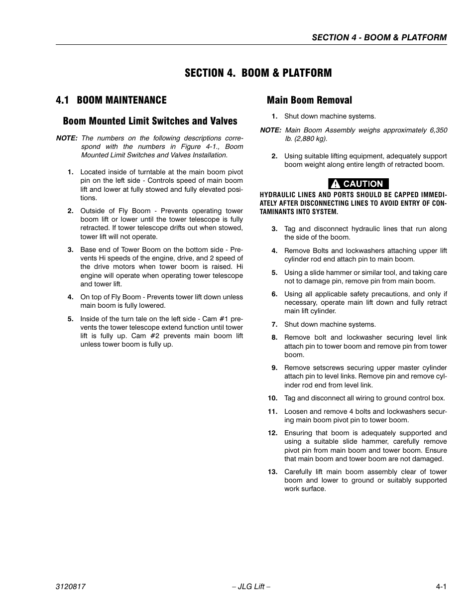 Section 4. boom & platform, 1 boom maintenance, Boom mounted limit switches and valves | Main boom removal, Section 4 - boom & platform, Boom maintenance -1 | JLG 150HAX Service Manual User Manual | Page 81 / 156