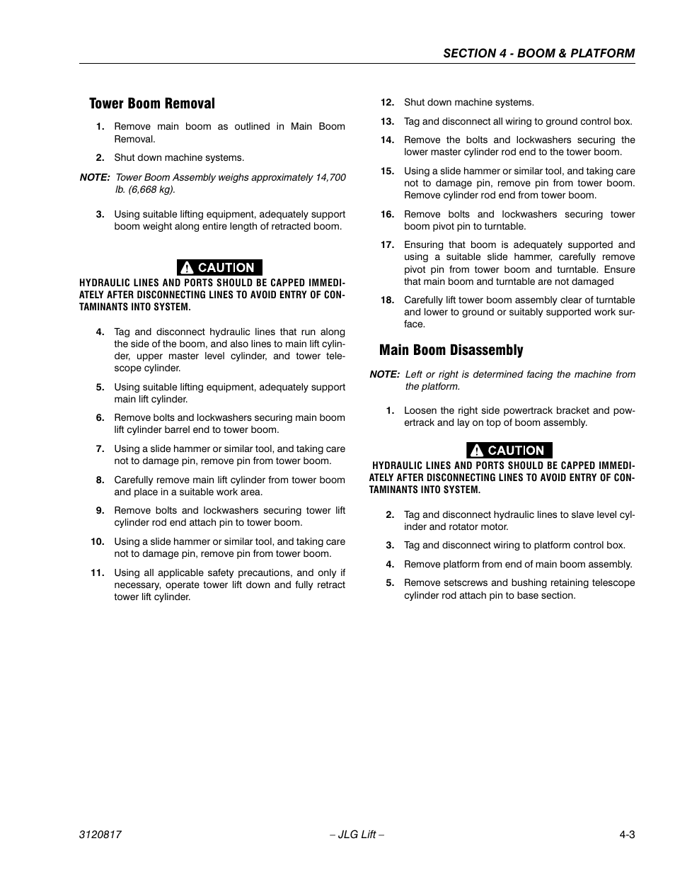 Tower boom removal, Main boom disassembly, Tower boom removal -3 main boom disassembly -3 | JLG 150HAX Service Manual User Manual | Page 83 / 156