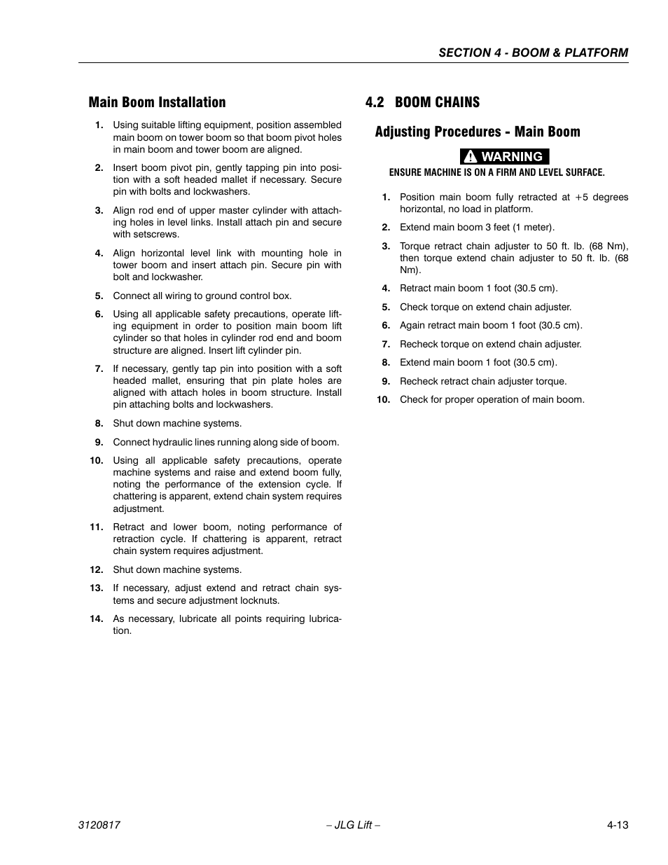 Main boom installation, 2 boom chains, Adjusting procedures - main boom | Main boom installation -13, Boom chains -13, Adjusting procedures - main boom -13, 2 boom chains adjusting procedures - main boom | JLG 150HAX Service Manual User Manual | Page 93 / 156