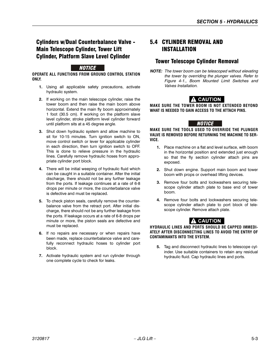 4 cylinder removal and installation, Tower telescope cylinder removal, Cylinder removal and installation -3 | Tower telescope cylinder removal -3 | JLG 150HAX Service Manual User Manual | Page 99 / 156