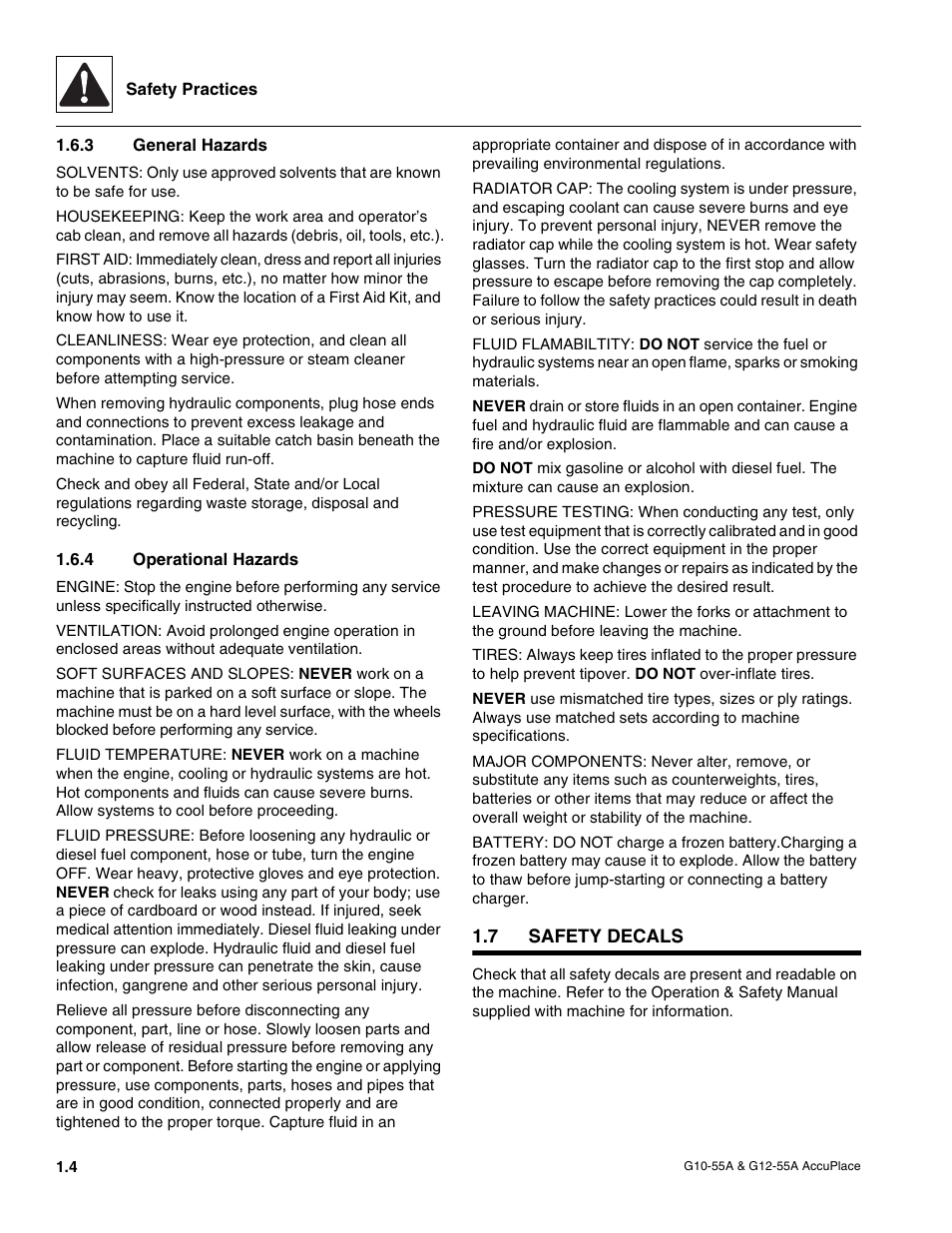 3 general hazards, 4 operational hazards, 7 safety decals | Safety decals, General hazards, Operational hazards | JLG G12-55A AccuPlace Service Manual User Manual | Page 10 / 230