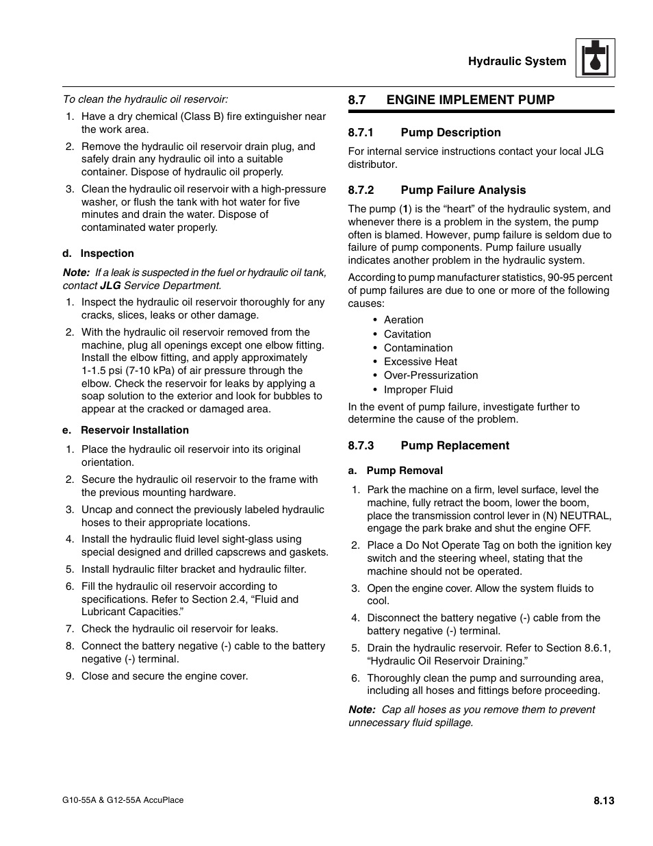 7 engine implement pump, 1 pump description, 2 pump failure analysis | 3 pump replacement, Engine implement pump, Section 8.7.3, Pump replacement, Pump description, Pump failure analysis | JLG G12-55A AccuPlace Service Manual User Manual | Page 103 / 230