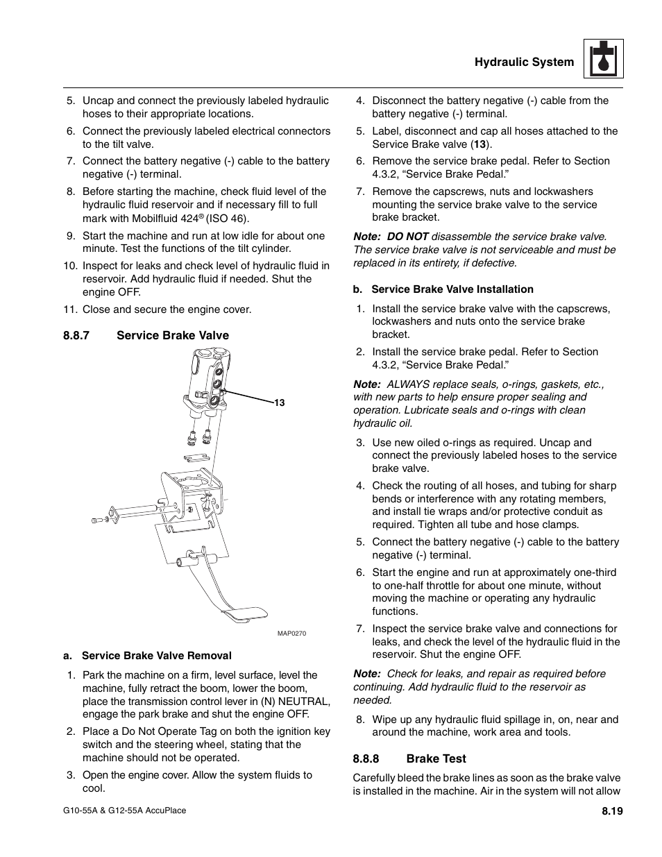 7 service brake valve, 8 brake test, To section 8.8.8, “brake test | Section 8.8.8, “brake, Test, Service brake valve, Brake test | JLG G12-55A AccuPlace Service Manual User Manual | Page 109 / 230