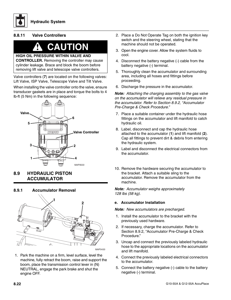 11 valve controllers, 9 hydraulic piston accumulator, 1 accumulator removal | Hydraulic piston accumulator, Valve controllers, Accumulator removal, Caution | JLG G12-55A AccuPlace Service Manual User Manual | Page 112 / 230