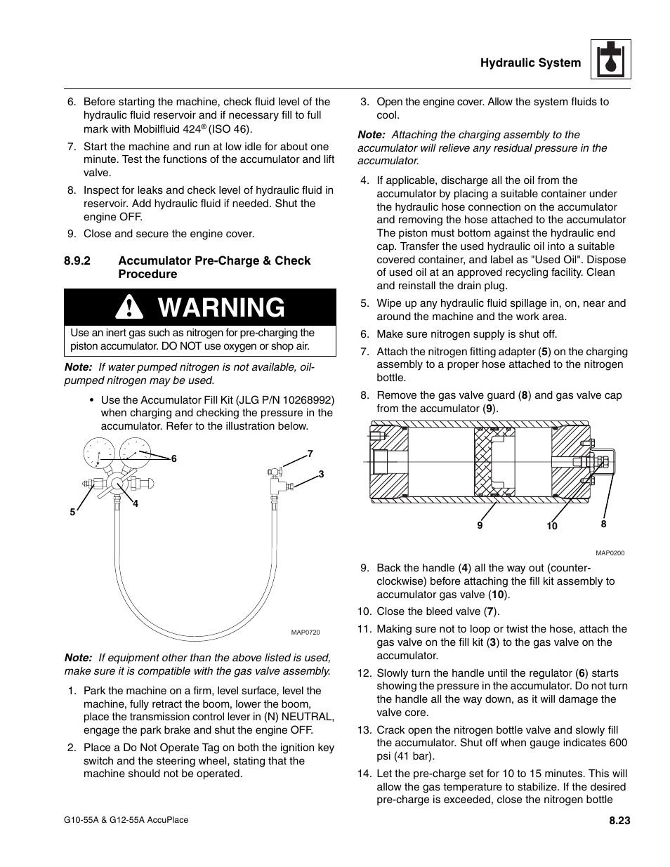 2 accumulator pre-charge & check procedure, Accumulator pre-charge & check procedure, Warning | JLG G12-55A AccuPlace Service Manual User Manual | Page 113 / 230