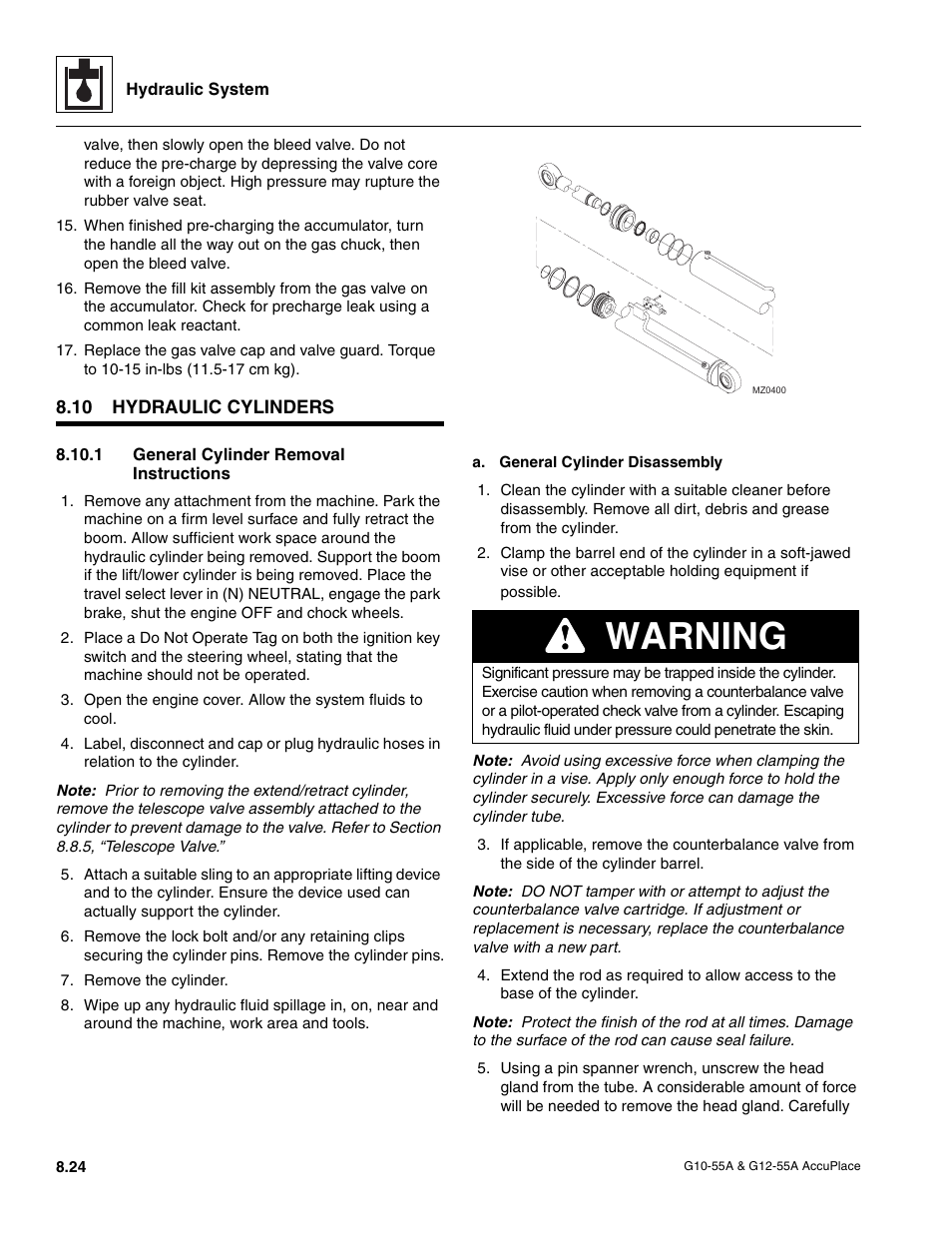 10 hydraulic cylinders, 1 general cylinder removal instructions, Hydraulic cylinders | Section, 1, “general cylinder removal instructions, General cylinder removal instructions, Warning | JLG G12-55A AccuPlace Service Manual User Manual | Page 114 / 230