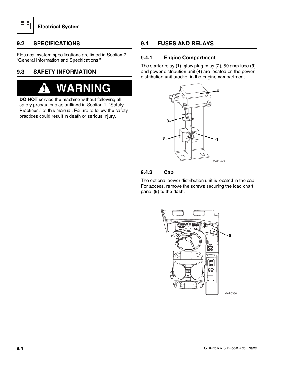 2 specifications, 3 safety information, 4 fuses and relays | 1 engine compartment, 2 cab, Specifications, Safety information, Fuses and relays, Engine compartment, Warning | JLG G12-55A AccuPlace Service Manual User Manual | Page 122 / 230