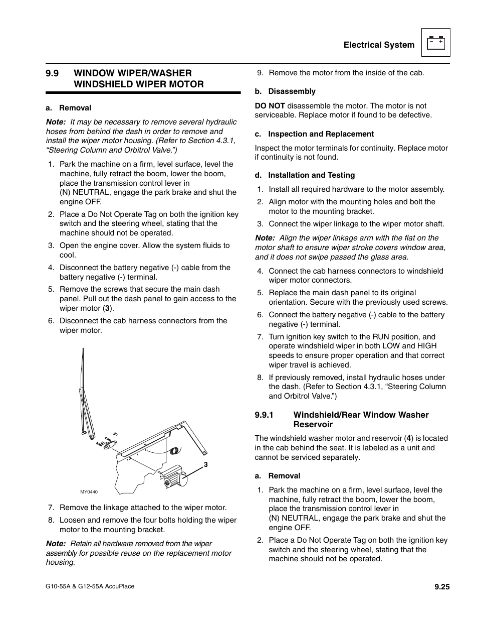 9 window wiper/washer windshield wiper motor, 1 windshield/rear window washer reservoir, Window wiper/washer windshield wiper motor | Windshield/rear window washer reservoir | JLG G12-55A AccuPlace Service Manual User Manual | Page 143 / 230