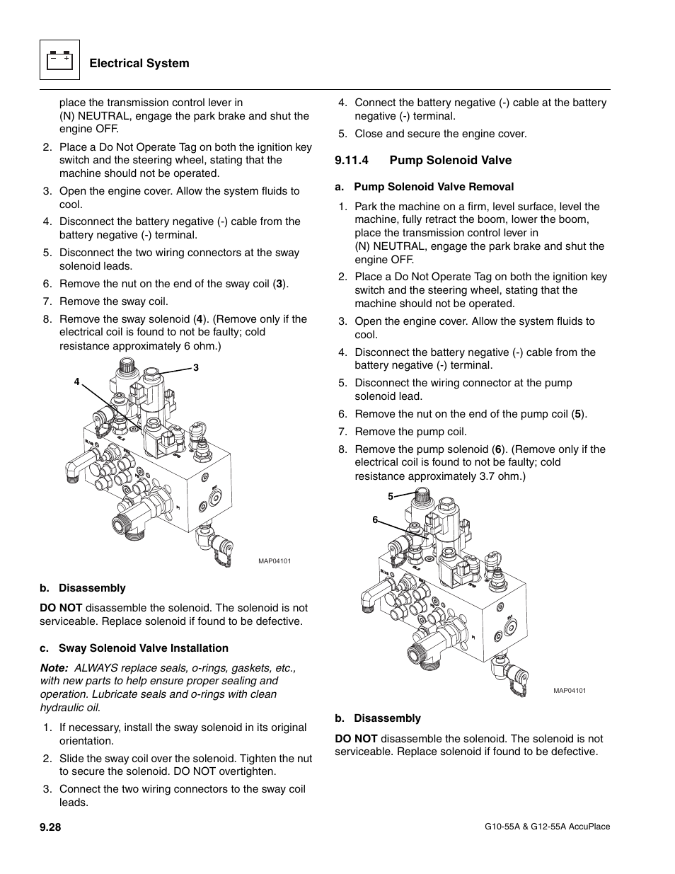 4 pump solenoid valve, Pump solenoid valve | JLG G12-55A AccuPlace Service Manual User Manual | Page 146 / 230