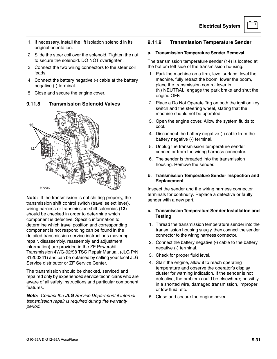 8 transmission solenoid valves, 9 transmission temperature sender, Section 9.11.8 | Transmission solenoid valves, Transmission temperature sender | JLG G12-55A AccuPlace Service Manual User Manual | Page 149 / 230