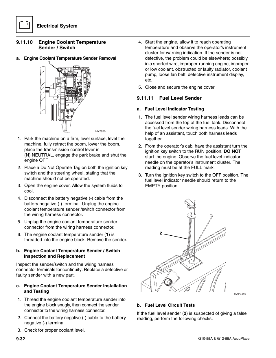 10 engine coolant temperature sender / switch, 11 fuel level sender, Engine coolant temperature sender / switch | Fuel level sender | JLG G12-55A AccuPlace Service Manual User Manual | Page 150 / 230