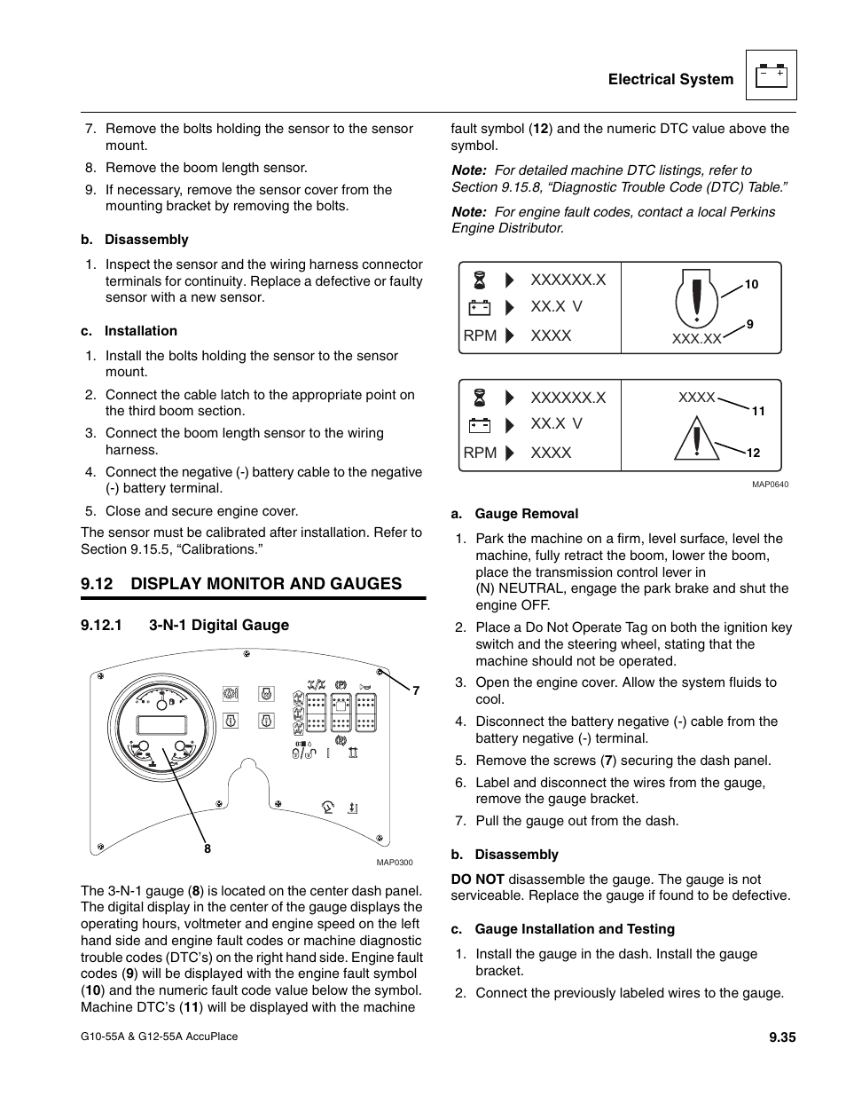 12 display monitor and gauges, 1 3-n-1 digital gauge, Display monitor and gauges | Section 9.12, “display monitor and gauges.” t, N-1 digital gauge | JLG G12-55A AccuPlace Service Manual User Manual | Page 153 / 230