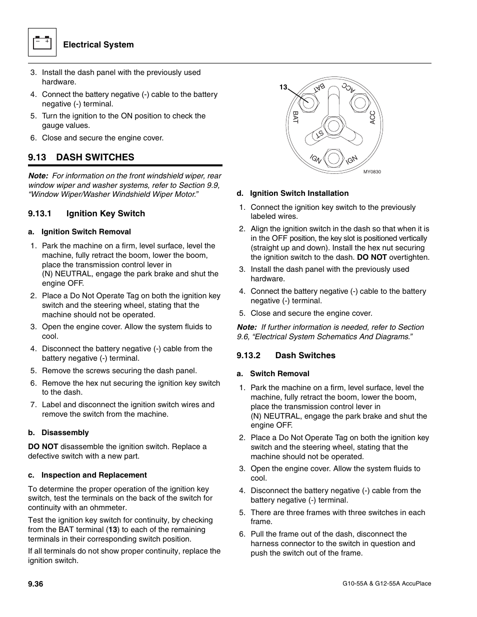 13 dash switches, 1 ignition key switch, 2 dash switches | Dash switches, Ignition key switch | JLG G12-55A AccuPlace Service Manual User Manual | Page 154 / 230