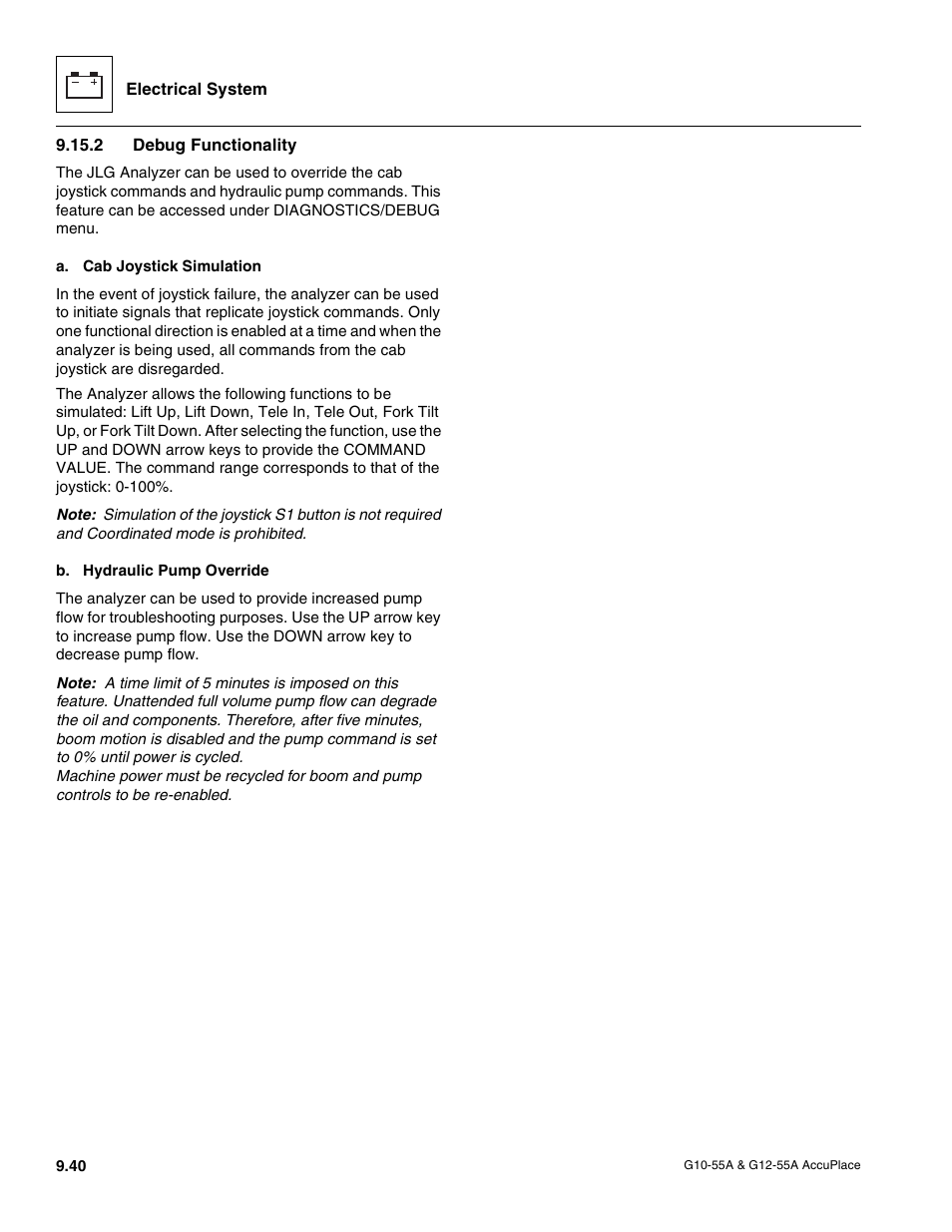 2 debug functionality, To section 9.15.2, “debug functionality, Debug functionality | JLG G12-55A AccuPlace Service Manual User Manual | Page 158 / 230