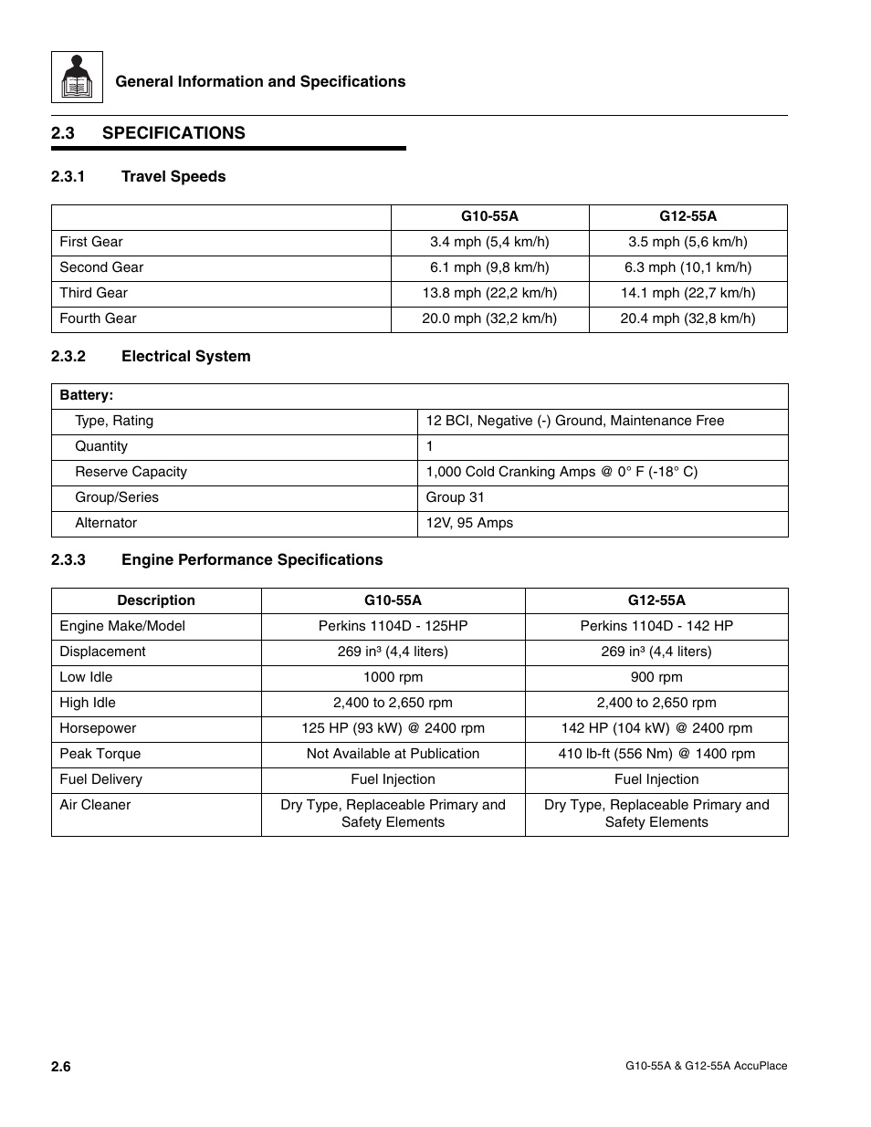 3 specifications, 1 travel speeds, 2 electrical system | 3 engine performance specifications, Specifications, Travel speeds, Electrical system, Engine performance specifications | JLG G12-55A AccuPlace Service Manual User Manual | Page 16 / 230