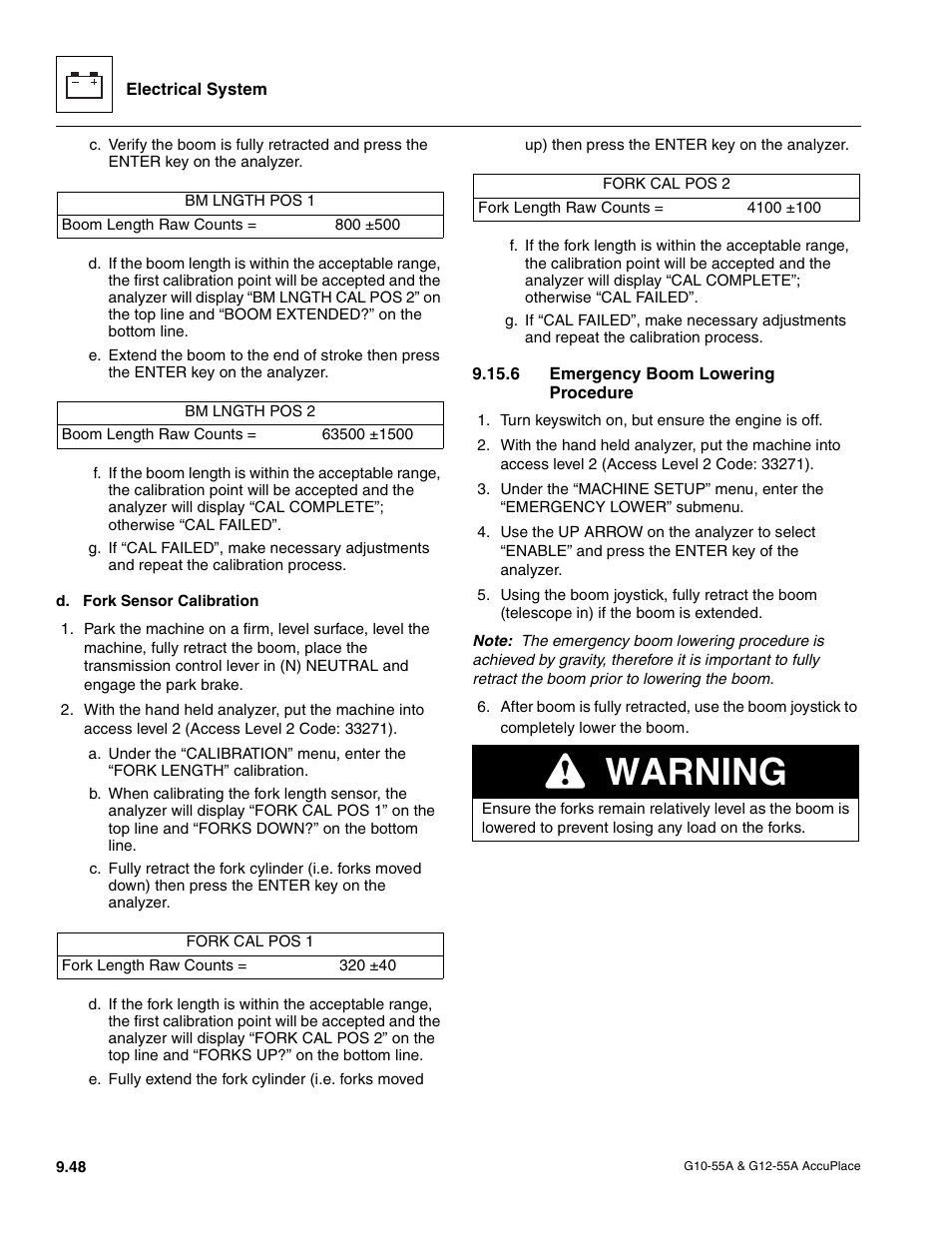 6 emergency boom lowering procedure, Emergency boom lowering procedure, Warning | JLG G12-55A AccuPlace Service Manual User Manual | Page 166 / 230