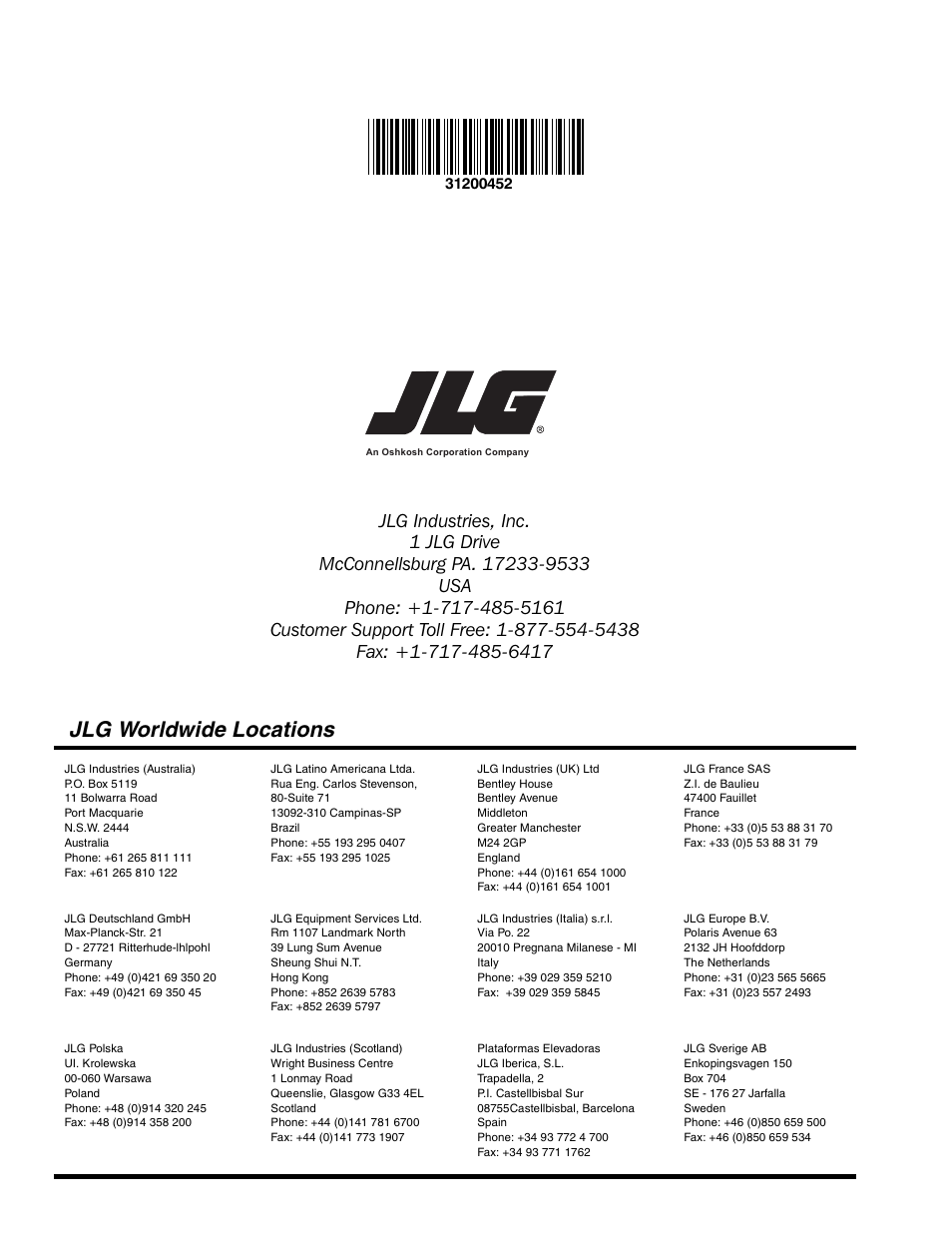 Jlg worldwide locations | JLG G12-55A AccuPlace Service Manual User Manual | Page 230 / 230