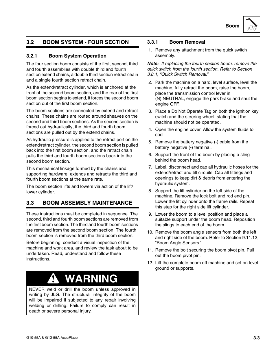 2 boom system - four section, 1 boom system operation, 3 boom assembly maintenance | 1 boom removal, Boom system - four section, Boom assembly maintenance, Boom system operation, Boom removal, Warning | JLG G12-55A AccuPlace Service Manual User Manual | Page 25 / 230