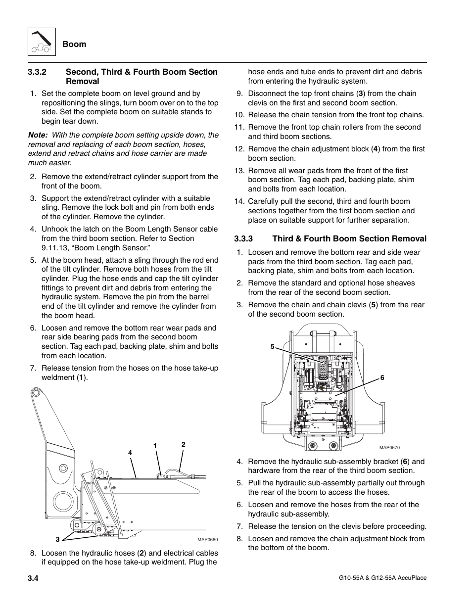 2 second, third & fourth boom section removal, 3 third & fourth boom section removal, Second, third & fourth boom section removal | Third & fourth boom section removal | JLG G12-55A AccuPlace Service Manual User Manual | Page 26 / 230