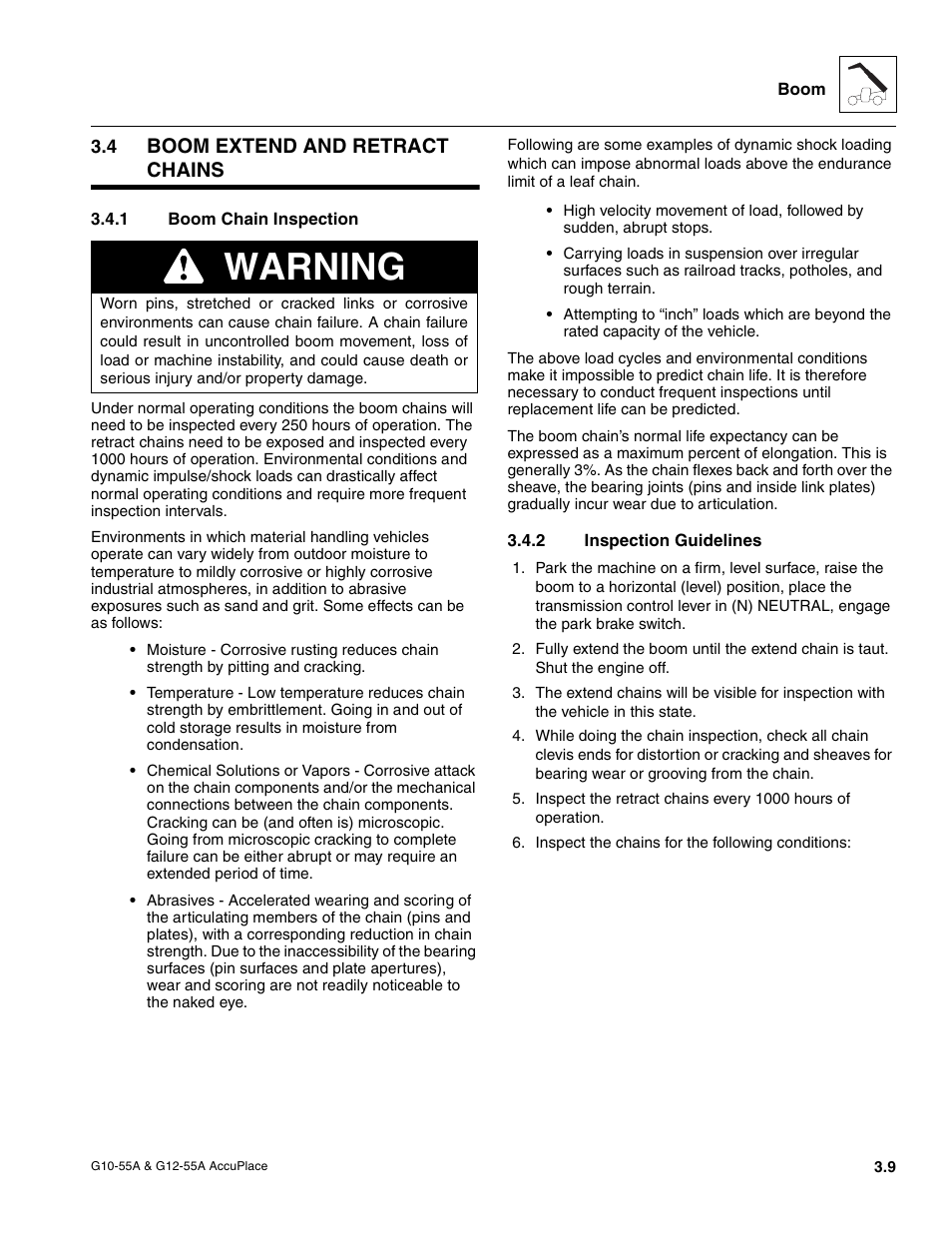 4 boom extend and retract chains, 1 boom chain inspection, 2 inspection guidelines | Boom extend and retract chains, Boom chain inspection, Inspection guidelines, Warning | JLG G12-55A AccuPlace Service Manual User Manual | Page 31 / 230