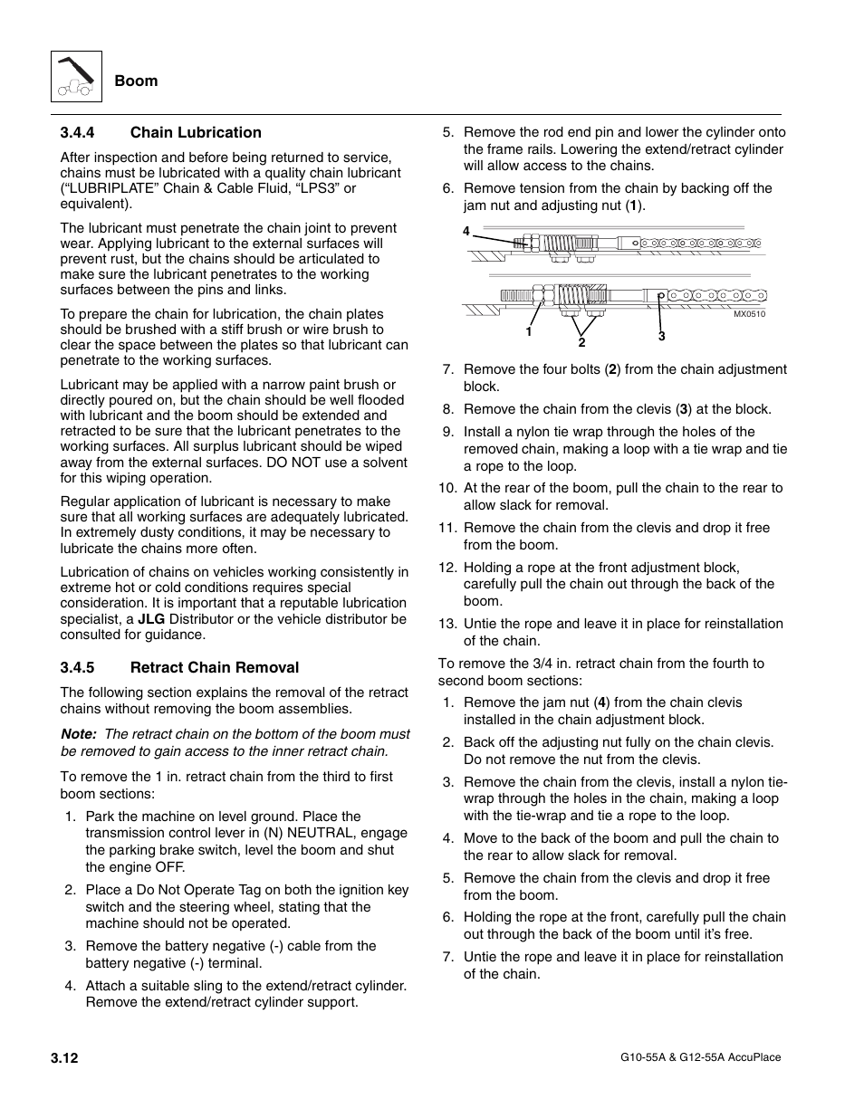 4 chain lubrication, 5 retract chain removal, Chain lubrication | Retract chain removal | JLG G12-55A AccuPlace Service Manual User Manual | Page 34 / 230