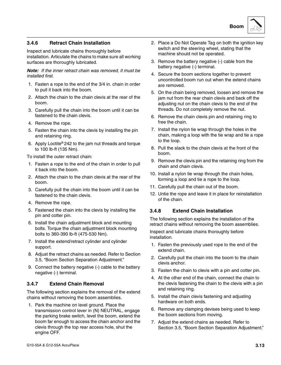 6 retract chain installation, 7 extend chain removal, 8 extend chain installation | Retract chain installation, Extend chain removal, Extend chain installation | JLG G12-55A AccuPlace Service Manual User Manual | Page 35 / 230