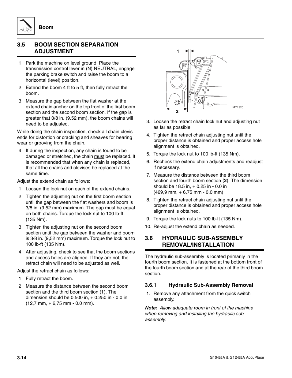 5 boom section separation adjustment, 6 hydraulic sub-assembly removal/installation, 1 hydraulic sub-assembly removal | Boom section separation adjustment, Hydraulic sub-assembly removal/installation, Hydraulic sub-assembly removal | JLG G12-55A AccuPlace Service Manual User Manual | Page 36 / 230