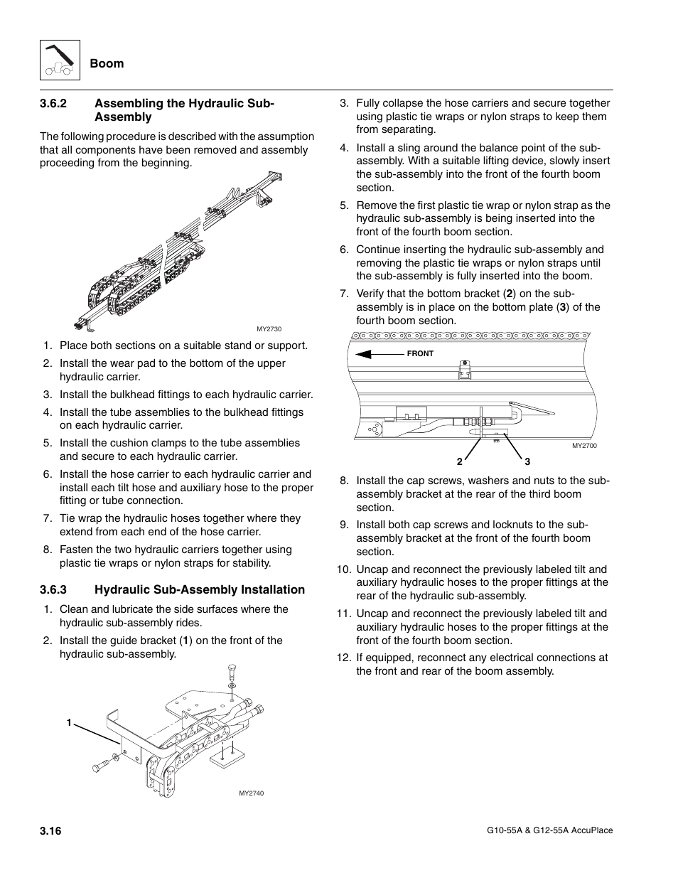 2 assembling the hydraulic sub- assembly, 3 hydraulic sub-assembly installation, Assembling the hydraulic sub-assembly | Hydraulic sub-assembly installation | JLG G12-55A AccuPlace Service Manual User Manual | Page 38 / 230