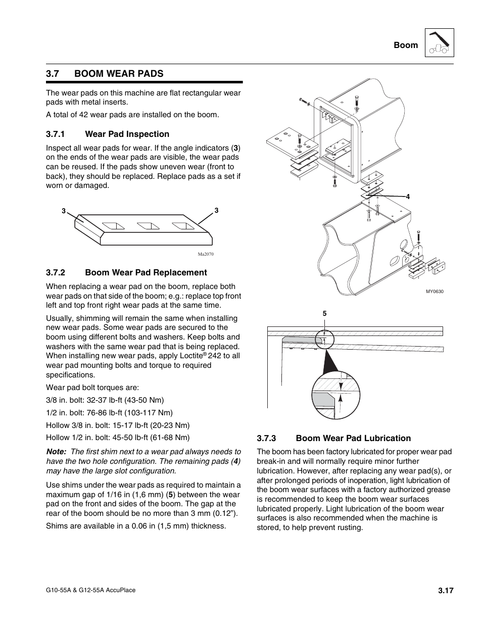 7 boom wear pads, 1 wear pad inspection, 2 boom wear pad replacement | 3 boom wear pad lubrication, Boom wear pads, Wear pad inspection, Boom wear pad replacement, Boom wear pad lubrication | JLG G12-55A AccuPlace Service Manual User Manual | Page 39 / 230