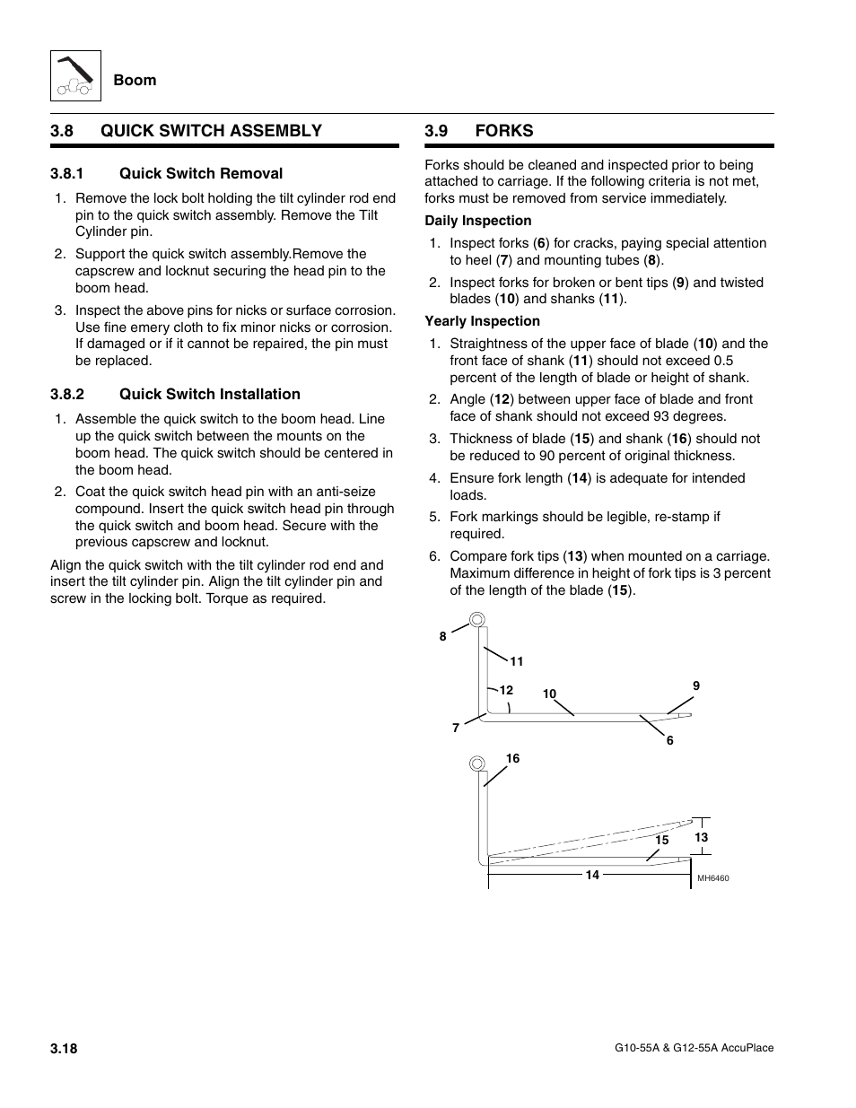 8 quick switch assembly, 1 quick switch removal, 2 quick switch installation | 9 forks, Quick switch assembly, Forks, Quick switch removal, Quick switch installation | JLG G12-55A AccuPlace Service Manual User Manual | Page 40 / 230