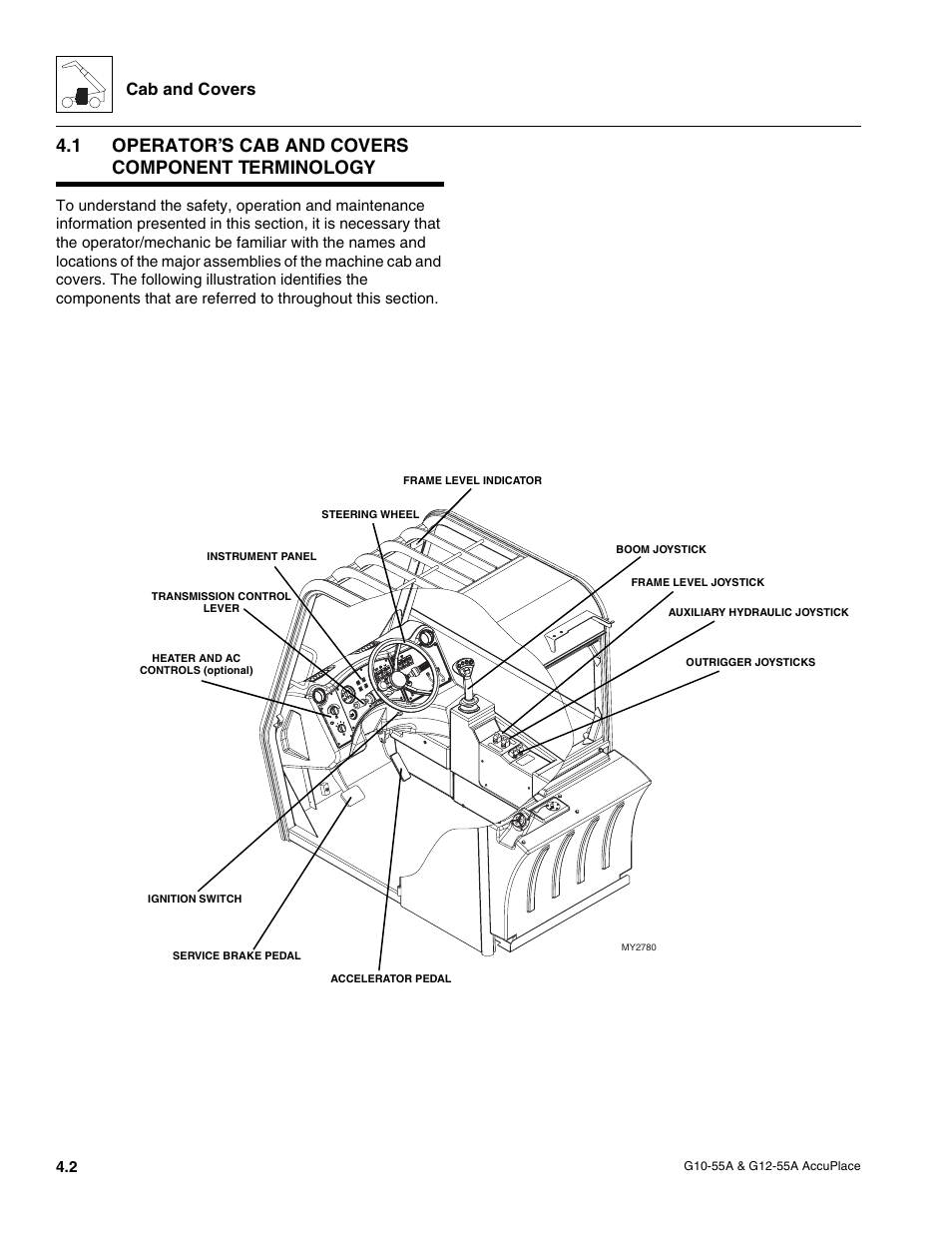 1 operator’s cab and covers component terminology, Operator’s cab and covers component terminology, Cab and covers | JLG G12-55A AccuPlace Service Manual User Manual | Page 46 / 230
