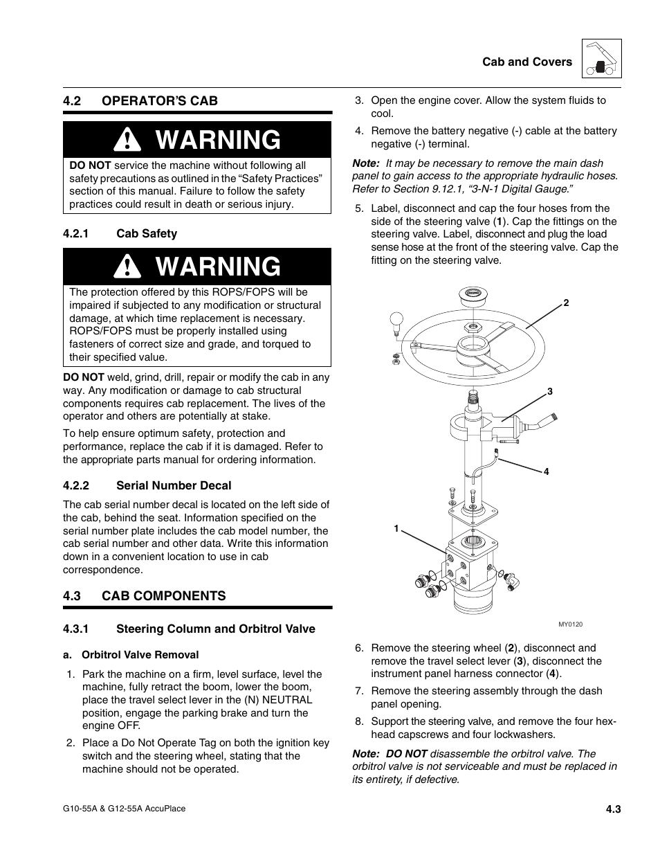 2 operator’s cab, 1 cab safety, 2 serial number decal | 3 cab components, 1 steering column and orbitrol valve, Operator’s cab, Cab components, Cab safety, Serial number decal, Steering column and orbitrol valve | JLG G12-55A AccuPlace Service Manual User Manual | Page 47 / 230