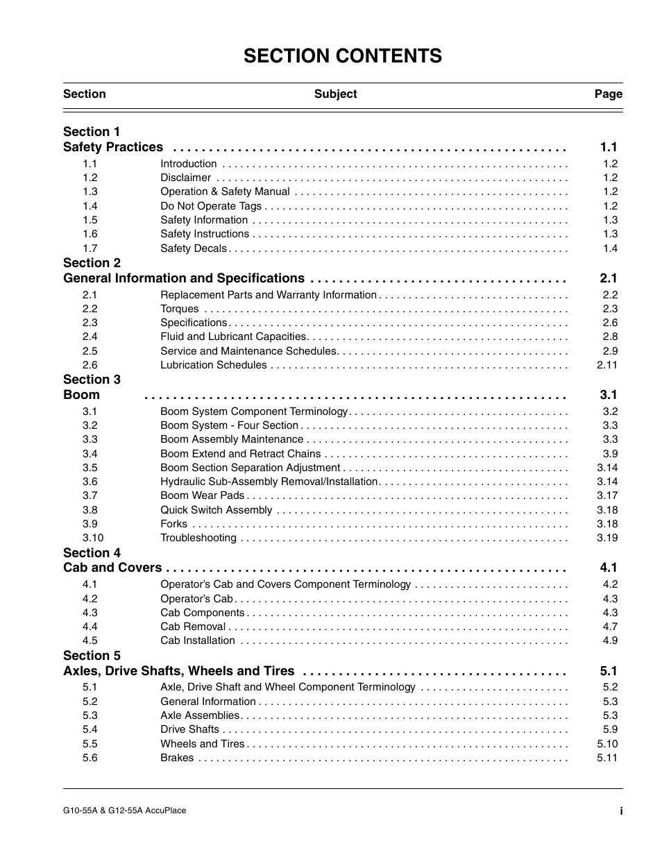 Section contents | JLG G12-55A AccuPlace Service Manual User Manual | Page 5 / 230