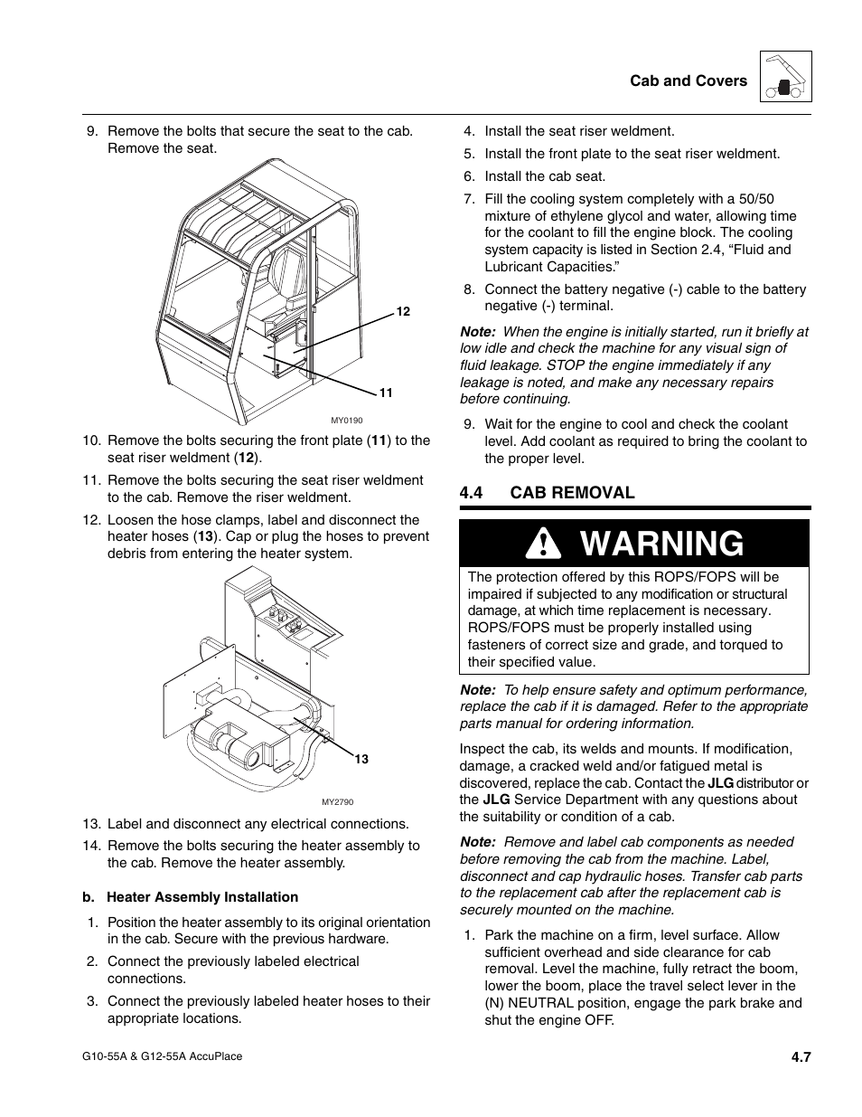 4 cab removal, Cab removal, Warning | JLG G12-55A AccuPlace Service Manual User Manual | Page 51 / 230