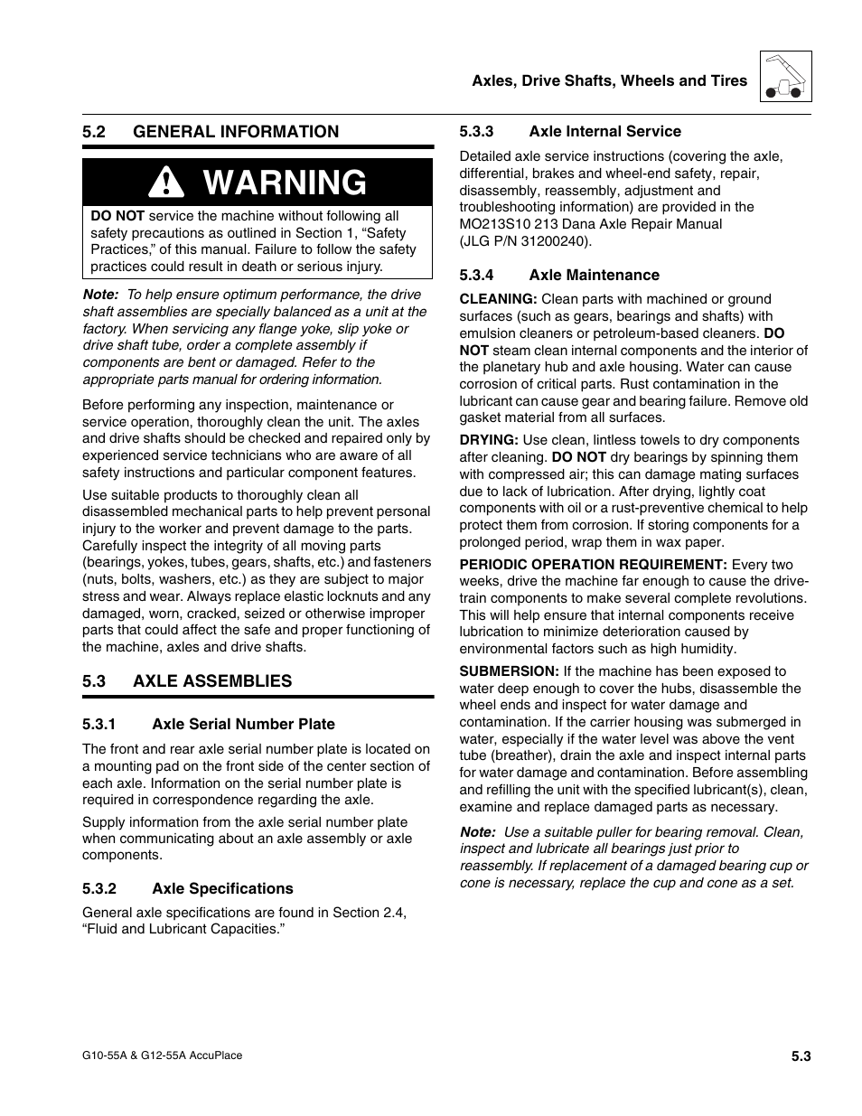 2 general information, 3 axle assemblies, 1 axle serial number plate | 2 axle specifications, 3 axle internal service, 4 axle maintenance, General information, Axle assemblies, Axle serial number plate, Axle specifications | JLG G12-55A AccuPlace Service Manual User Manual | Page 57 / 230