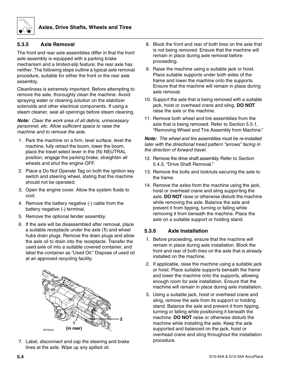 5 axle removal, 6 axle installation, Axle removal | Axle installation | JLG G12-55A AccuPlace Service Manual User Manual | Page 58 / 230
