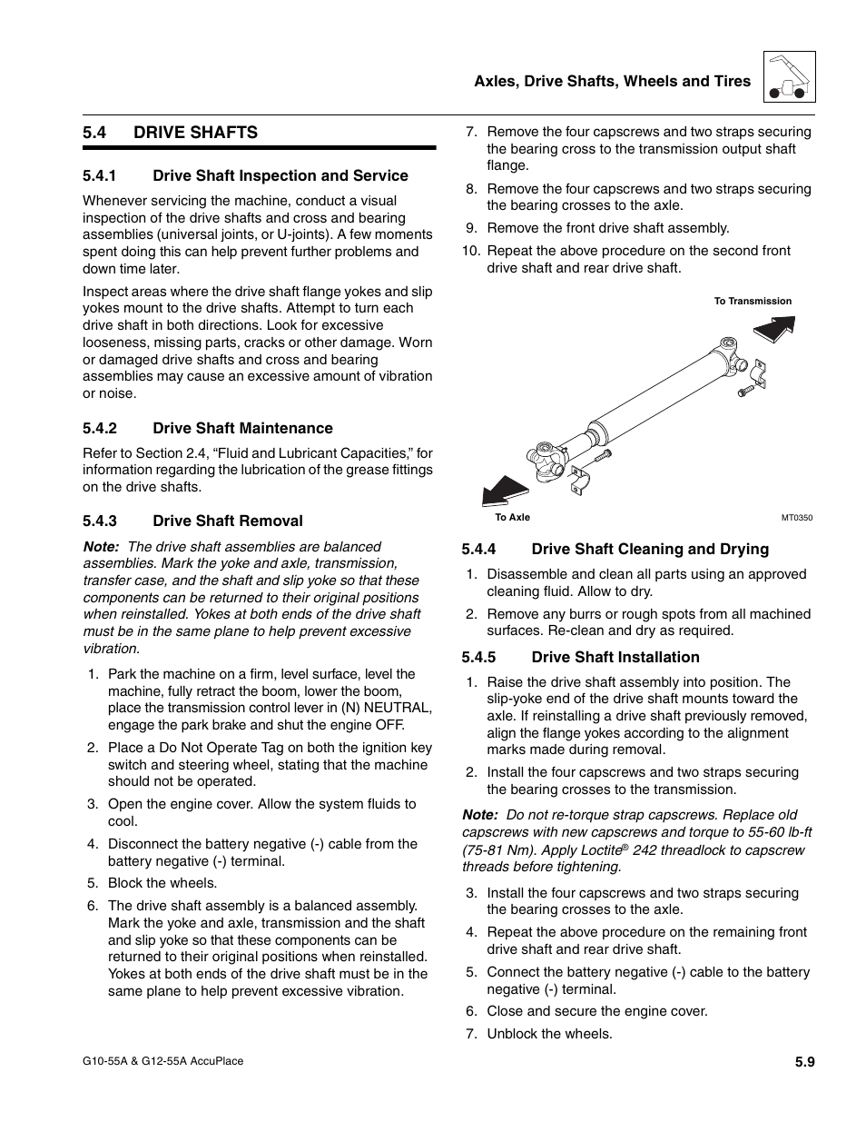 4 drive shafts, 1 drive shaft inspection and service, 2 drive shaft maintenance | 3 drive shaft removal, 4 drive shaft cleaning and drying, 5 drive shaft installation, Drive shafts, Drive shaft inspection and service, Drive shaft maintenance, Drive shaft removal | JLG G12-55A AccuPlace Service Manual User Manual | Page 63 / 230