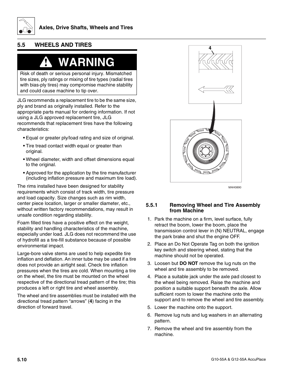 5 wheels and tires, 1 removing wheel and tire assembly from machine, Wheels and tires | Removing wheel and tire assembly from machine, Warning | JLG G12-55A AccuPlace Service Manual User Manual | Page 64 / 230